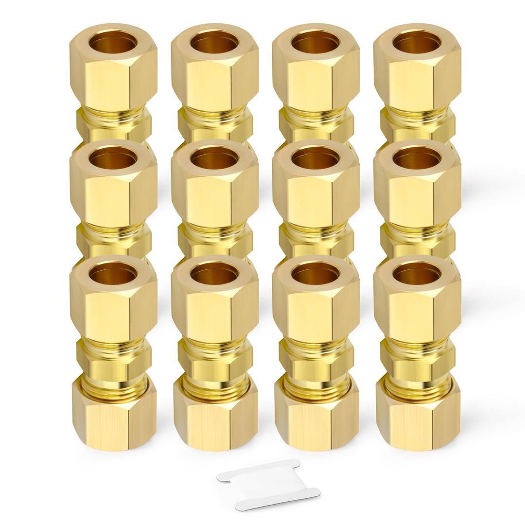 GORAGUCHI 3PCS 5/8" x 5/8" Tube OD Coupler, Brass Compression Tube Pipe Fitting Connector for Air/Fuel/Water/Gas/Oil