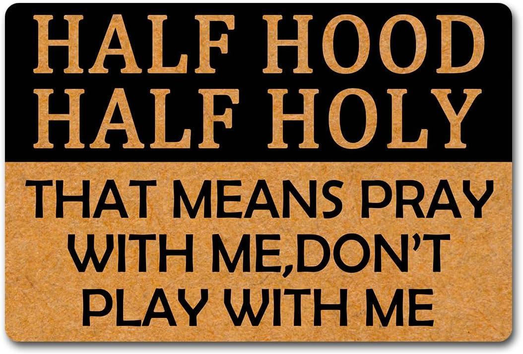 Welcome Mat Half Hood Half Holy Funny Doormat for Home Entrance (23.6 X 15.7 inch) Polypropylene Fabric Top with Rubber Back Doormat for Front Door Indoor Outdoor Rug