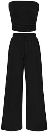 PRETTYGARDEN Womens Summer Outfits 2 Piece Sets Casual Ribbed Knit Crop Tube Top Wide Leg Pants Spring Matching Lounge Set Size S