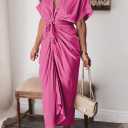 Women Elegant Satin Button Down Short Sleeve Maxi Shirt Dress with Belt (Pink, XL)
