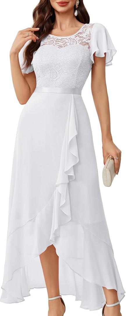 BeryLove Formal Dresses for Women 2025 Wedding Guest with Slit Cocktail Elegant Lace Long Prom Dress (Large, White)