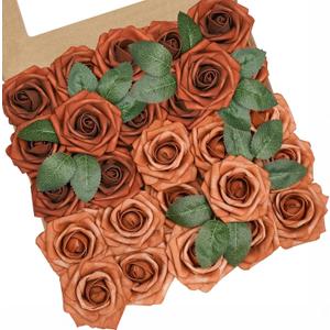 Artificial Flowers, 25pcs Artificial Rose for DIY Wedding Bouquets Centerpieces Arrangements, Shades of Terracotta Foam Roses with Stem for Bridal Shower Party Home Decorations