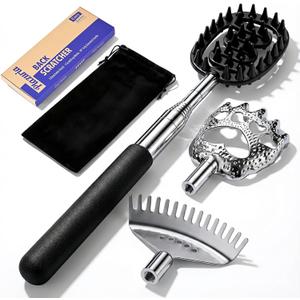 Oversized Back Scratcher with 3 Detachable Heads, Stocking Stuffers for Men & Women, Extendable 30" Handle with Spikes, Rake & Bear Claw Heads (Classic Black)
