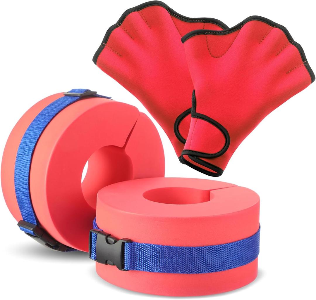 Hungdao Water Aerobics Set for Aquatic Exercise 1 Pair Swimming Glove 2 Pcs Foam Swim Aquatic Cuffs Water Weights Pool Resistance Fitness Equipment for Adults Swimming Training Workouts (Red)