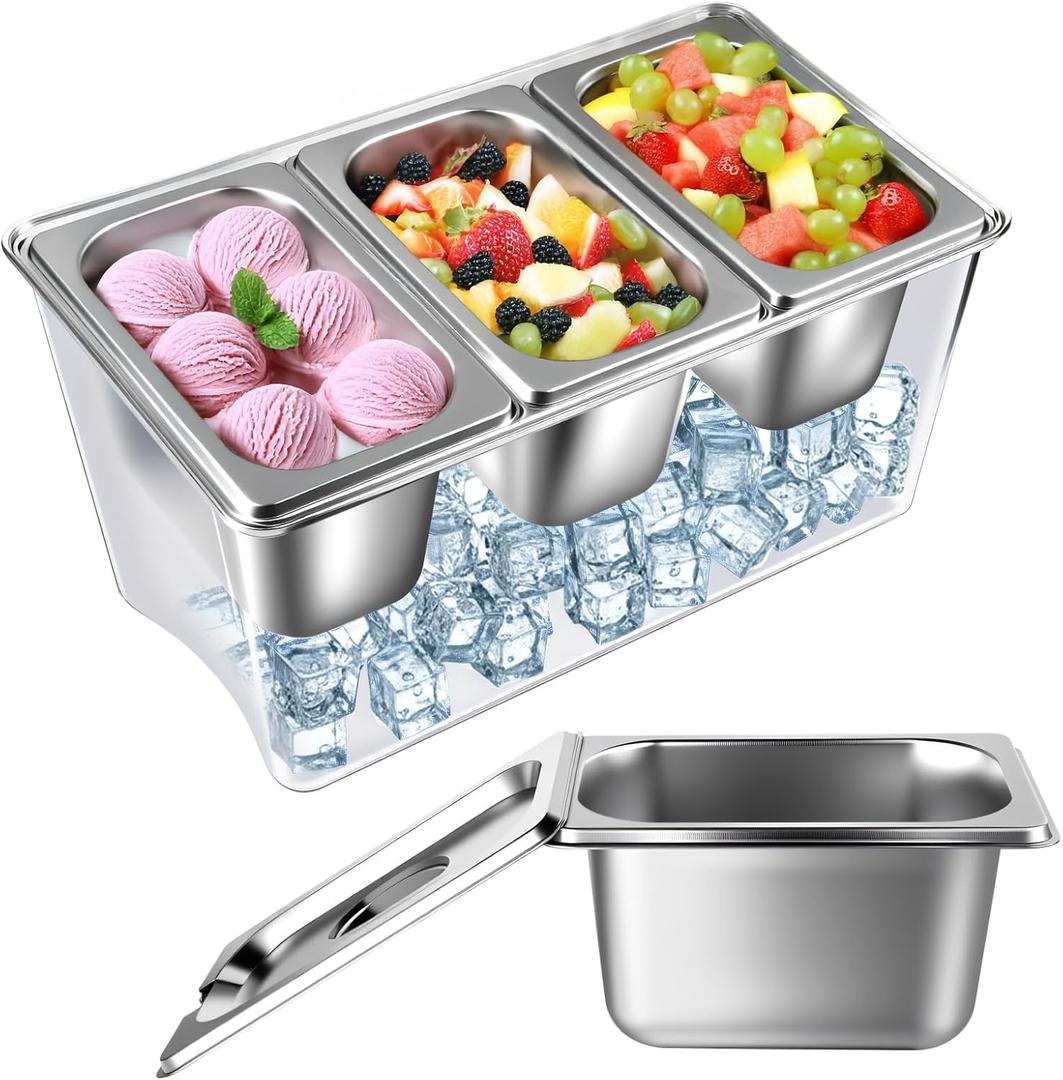 3 Compartments Ice Chilled Condiment Caddy, 30.5 oz Salad Bar Containers Stainless Steel Serving Dish with Lids for Bar, Hummus, Fruit, Salad, Ice Cream Topping, Sauces, Party Supply