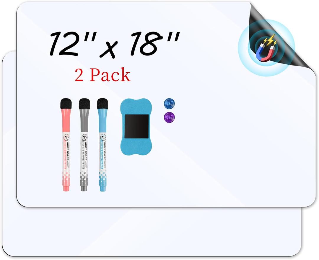 Magnetic White Board for Fridge 12x18 2 Pack Small Dry Erase Board for Kitchen Organizer and Planner, Fridge Whiteboard for Family to-do List, Includes Markers and Eraser