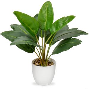 Hollyone Artificial Bird of Paradise Plant in Pot, Fake Palm Tropical Potted Plant 15" Faux Plantain Banana Leaf Plant for Indoor Outdoor Home Desk Office Garden Decoration