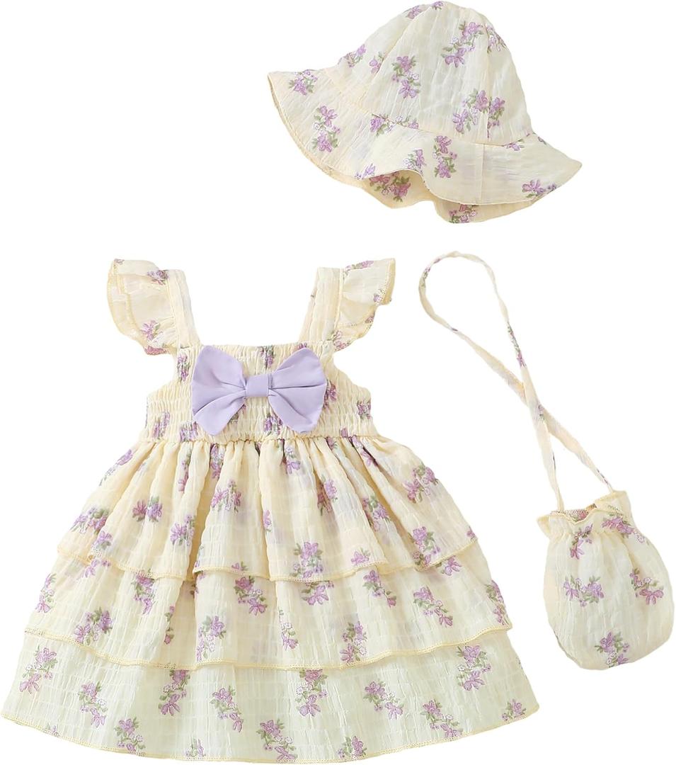 Baby Girl Dresses 6-9 Months Summer 9-12 Month Girl Clothes Infant Layered Ruffle Sleeveless Dress Beige Purple Floral Smocked Sundress Baby Birthday Gifts Cute Boho Beach Casual Outfit