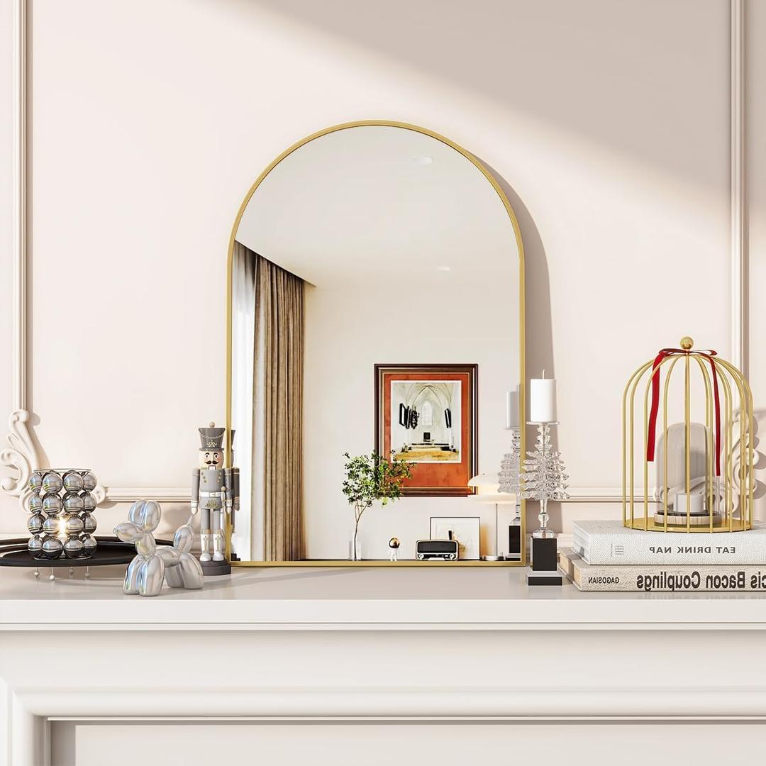Arched Wall Mirror, 16 x 24 inch Arch Bathroom Mirror, Wall Mounted Vanity Mirror with Arch Metal Frame, Modern Bathroom Vanity Mirror for Bedroom, Living Room, Hanging or Leaning, Gold