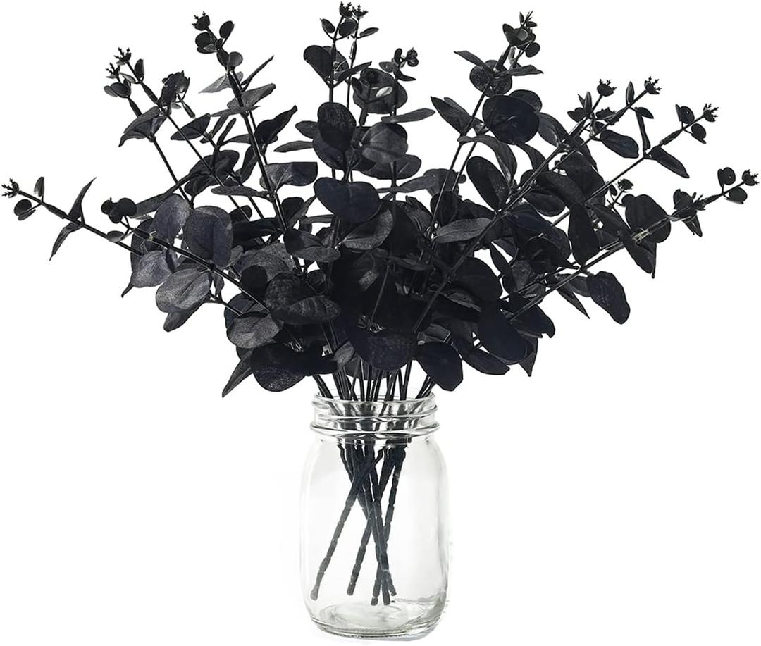 Laelfe Black Eucalyptus Stems Leaves Branches Fake Flower Arrangement Farmhouse Home Bathroom Decor 6Pcs (Black)