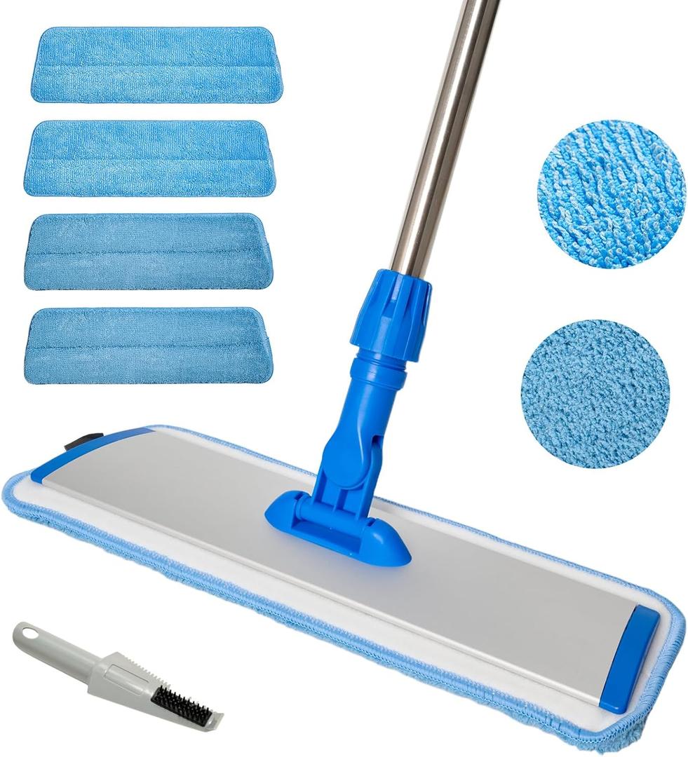 17.5" Professional Microfiber Floor Cleaning Mop, Flat Mop with Stainless Steel Handle, 2 Reusable Washable Pads, Wet and Dust Mopping for Hardwood, Vinyl, Laminate, Tile Cleaning (Blue)