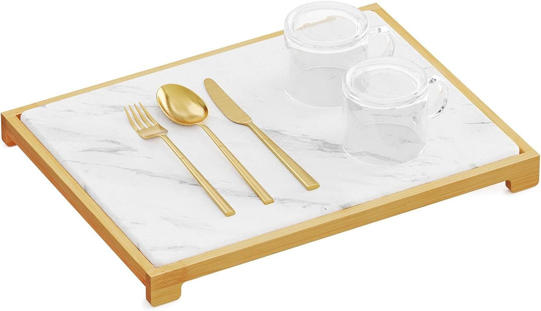SpaceAid Bamboo Rack Dish Pad, Instant Dry Diatomaceous Earth Mat for Kitchen Counter, Stone Dish Fast Drying Mat Board (15.8 x 11.8 inch, White Marble)