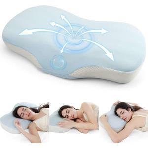 Cervical Pillow for Neck and Shoulder Support, Memory Foam Ergonomic Contour Orthopedic Bed Pillows with Adjustable Height & Breathable Pillowcase for Side, Back, Stomach Sleepers(Blue)