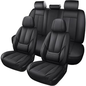MINGBRON Black Car Seat Cover with Lumbar Support, Car Seat Protector Waterproof, Nappa Leather Car Seat Cushion, Car Seat Covers Front Seats and Back Fit for Most Cars