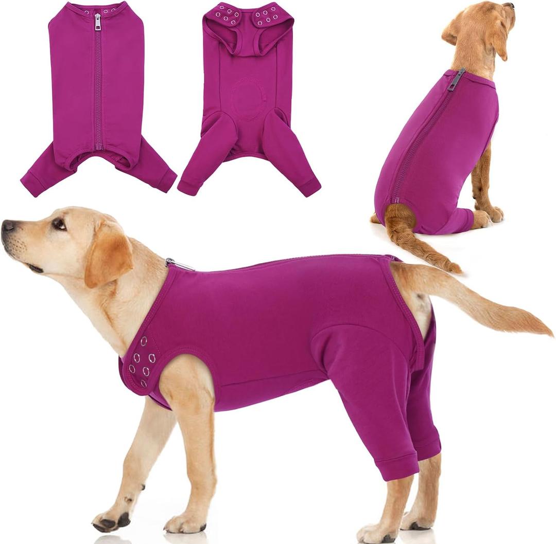 IDOMIK Dog Recovery Suit,Dog Leg Sleeve to Stop Licking Rear Legs,Thigh Wound Protective Sleeve,Male Female Pet Surgical Clothes,Doggy Surgical Suit with Pants Cover,Cone Collar Alternative,Purple,L