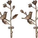 2 Pieces of Antique Brass Wall Hooks. Heavy - Duty Metal Ornament Hooks for Hanging Coats, Backpacks, Towels and Keys. 3D Bird - on - Branch Style for Home Decor