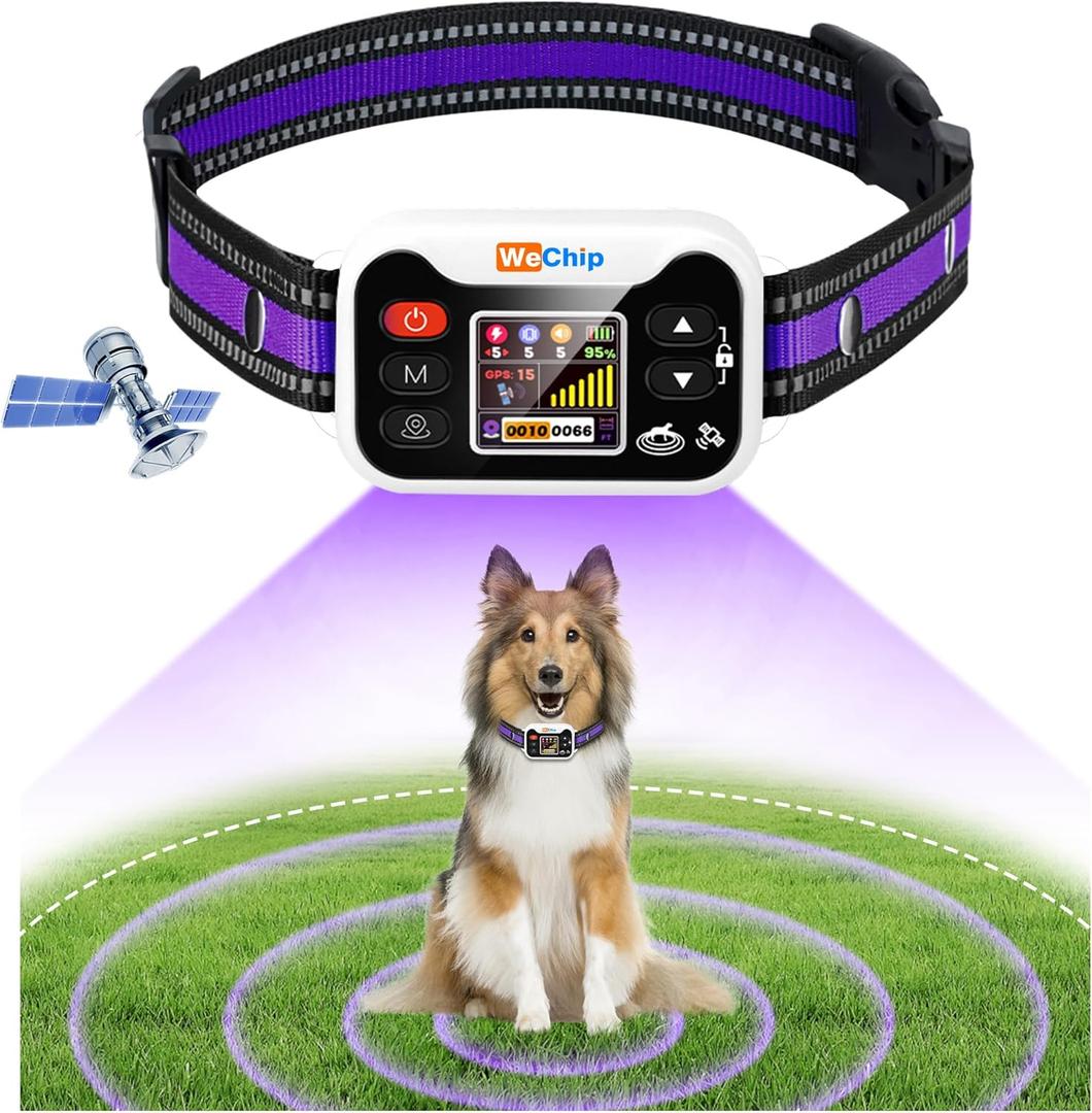 WeChip Wireless GPS Dog Fence Collar - 3 Alerts (0-9 Levels), 66-6560FT Radius, 122H Rechargeable Battery.Waterproof Shock Collar for Lawns, Farms & Walks (Purple)