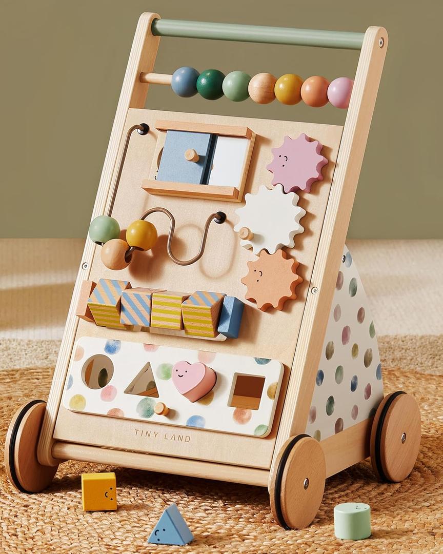 Tiny Land Wooden Baby Walker with Adjustable Speed, Montessori Activity Push Walker Toy for Toddlers, Baby Gift Parents Love for Boys & Girls(Morandi)