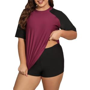 Womens Plus Size Short Sleeve Rash Guard Sets Swim Shirts with Shorts Two Piece Swimsuit UPF50+ (3X, Burgundy+black Bottoms)