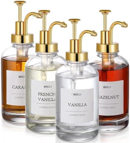 MHDCLY Coffee Bar Accessories, Coffee Syrup Dispenser - 4pack,16.9oz Syrup Dispenser with Labels,Syrup Pump Dispenser for Coffee Bar(Gold pump)