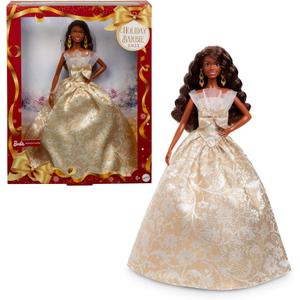 Barbie Signature 2025 Holiday Black Hair Fashion Doll Wearing Silver & Gold Gown, Seasonal Collector in Displayable Packaging & Stand (Brown Curly Hair)