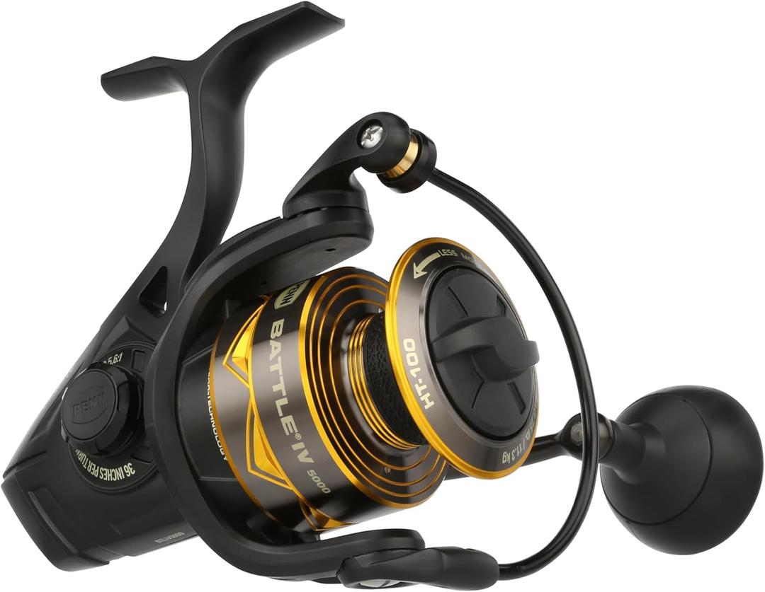 Penn Battle IV Size 5000 Spinning Fishing Reel, Full Metal Body and Sideplate, CNC Gear Technology, Hydro Armor Seals Critical Area from Water Intrusion, HT-100 Drag System