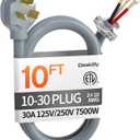10 ft 3 Prong Dryer Cord, 30Amp 10 Gauge Dryer Power Cord Replacement, Pure Copper 3-Wire Dryer Cord with NEMA 10-30P Plug and O-Ring Terminals, 250V 7500W, ETL Listed, Gray STW