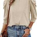 Tankaneo Womens 3/4 Length Sleeve Tops Dressy Casual Blouse Puff Sleeve Cute Trendy T Shirts with Smocked Cuffs (Beige)