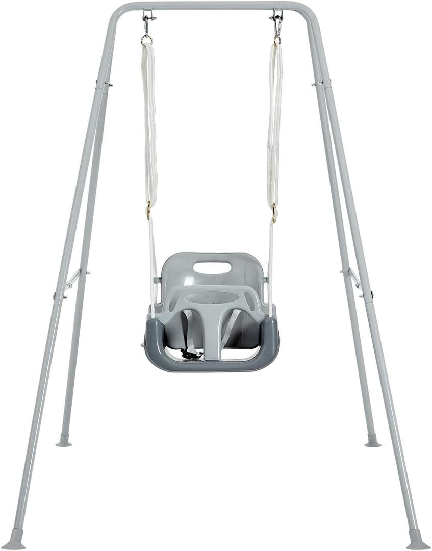 FUNLIO Toddler Swing with Foldable Metal Stand for Toddlers Aged 1~10 Years, 3-in-1 Baby Swing Set with 4 Sandbags for Backyard/Indoor/Outdoor Play, Easy to Assemble & Store, Grey (Gray)