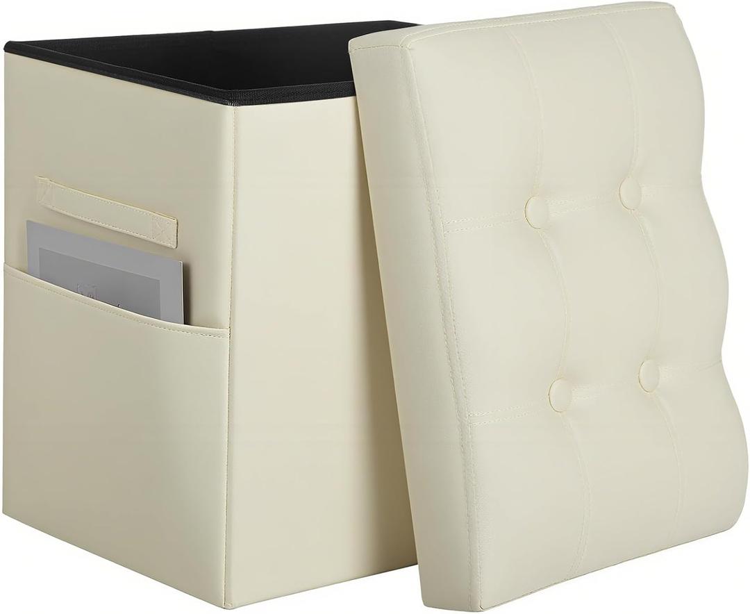 Ottoman with Storage, Slim Tall Foot Rest Stool with Thicker Foam Padded Seat. Folding Leather Storage Ottoman Furniture with Handles & Side Pocket for Living Room Bedroom 350 lbs, 17x13x17in, Beige