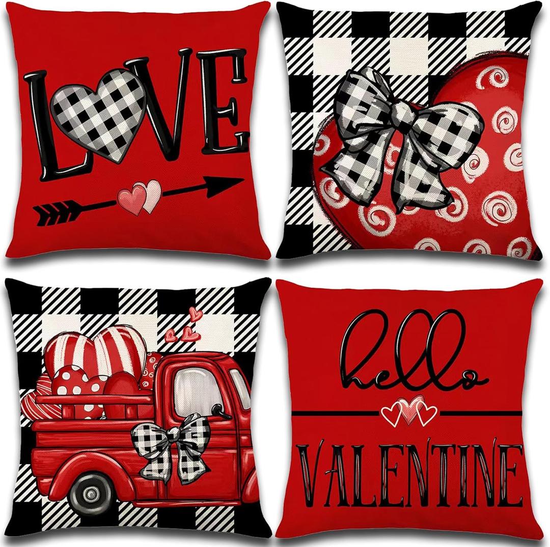 Valentines Day Decorations-Throw Pillow Covers 18x18 in Set of 4,Valentine Linen Pillow Case with Red Buffalo Plaid Heart Love Truck for Large Couch Sofa Home Inside Outside Holiday Party Decor