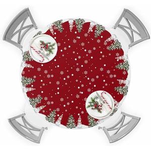 Round Fitted Tablecloth with Elastic Edge Christmas Tree Snowman Table Cloth for 45"-54" Circle Tables,Waterproof Oil-Proof Table Cover for Outdoor Picnic Party,Winter Snowflake Snowfall on Red