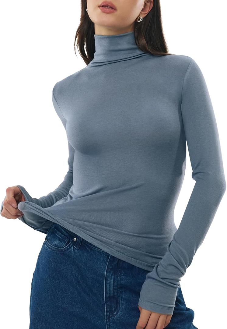 Women's Turtleneck Long Sleeve Merino Wool Blend Shirts Fitted Going Out Tops Basic Tees Cozy Embrace Collection (Medium, Citadel)