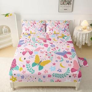 QOOMO Colorful Butterfly Kids Sheet Set, Pink Floral Kawaii Queen Bed Set for Girls,Cartoon Animals Print Soft Breathable Bedding Sets Cute Room Decor, 1 Fitted Sheet, 1 Flat Sheet, 2 Pillow Cases