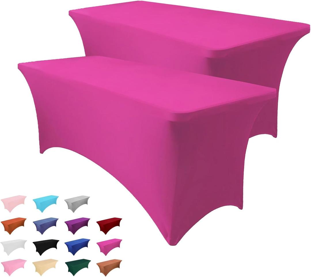 2 Pack 6FT Table Cloth for Rectangle Tables - Hot Pink Tablecloth Rectangular Fitted Stretch Spandex Table Covers 6 ft for Birthday, Cocktail, Wedding, Banquet Valentines Party
