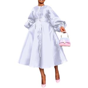 YOOTIKO Women Long Sleeve Satin Dress Button Flowy A Line Formal Cocktail Babydoll Dress with Belt, Size: XX-Large (White)
