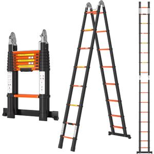 A-Frame Aluminum Telescopic Extension Ladder with Non-Slip Feet, 16.5FT Rv Telescope Foldable Extendable Compact Ladders for House Roof Travel Trailers, Adjustable Retractable, 330lbs Capacity