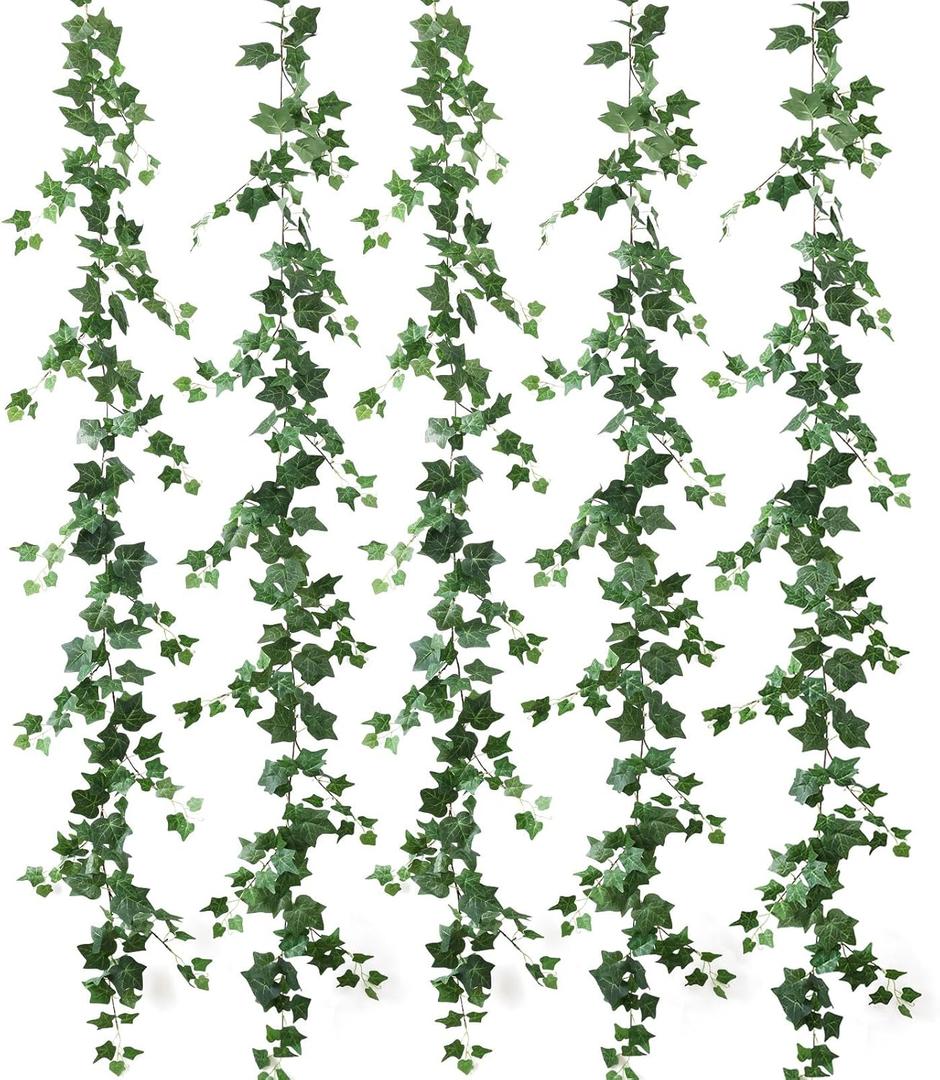 mizii 5 Pack 395" Artificial Vines Ivy Garland Fake Vine Realistic Silk Green Leaves Faux Hanging Plants Greenery Decoration for Outdoors Wedding Arch Party Indoor Mantle Bedroom Home Decor