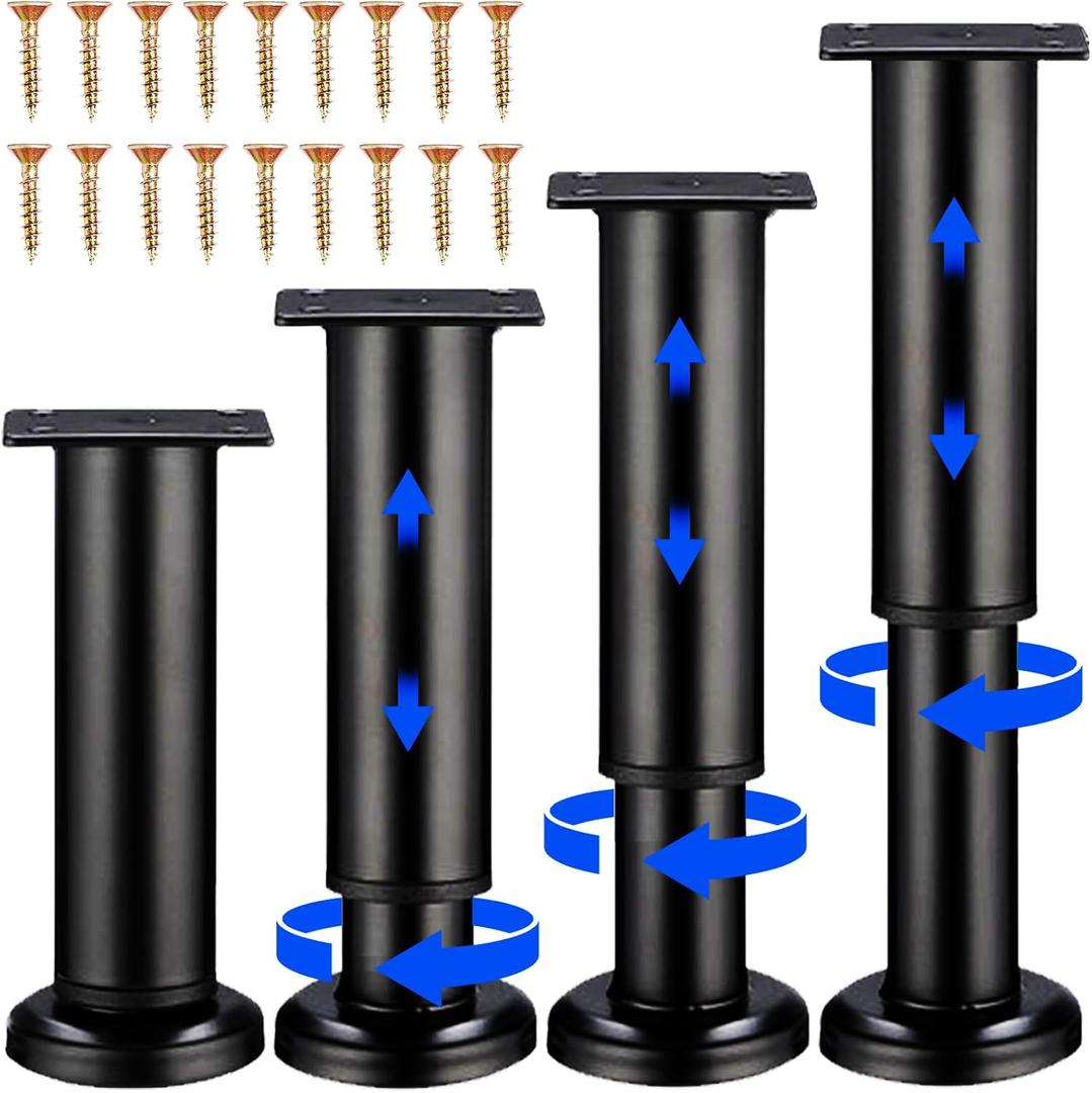 4PCS Adjustable Furniture Couch Cabinet Legs 4.72-7.48 Inch [with 18 PCS Screws], Heavy Duty Adjustable Height Replacement Legs for Dresser/Sofa/Bed/Chair, Legs for Furniture Set of 4 (Black)
