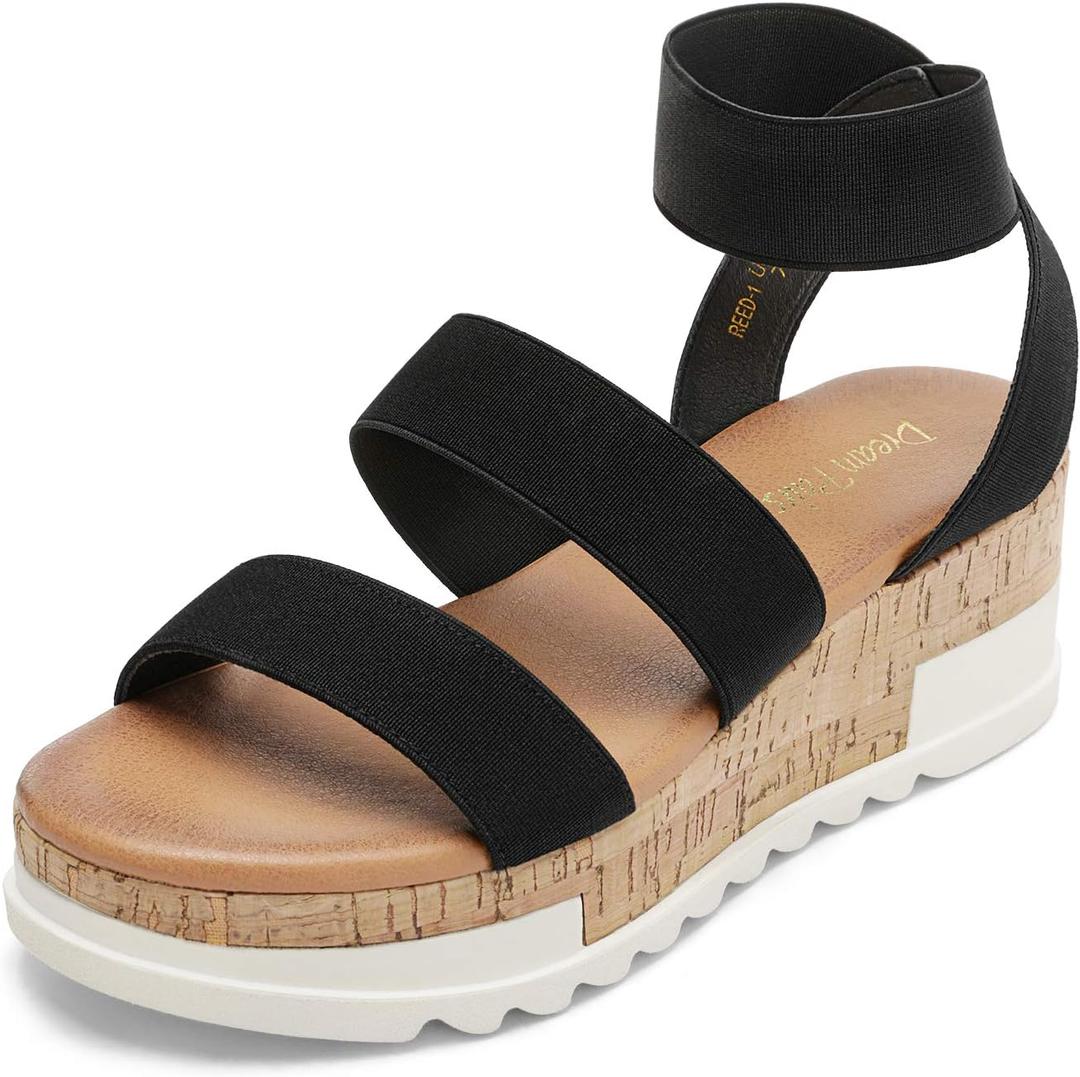 DREAM PAIRS Women's Open Toe Elastic Ankle Strap Casual Flatform Platform Wedges Sandals (Black) Size 8