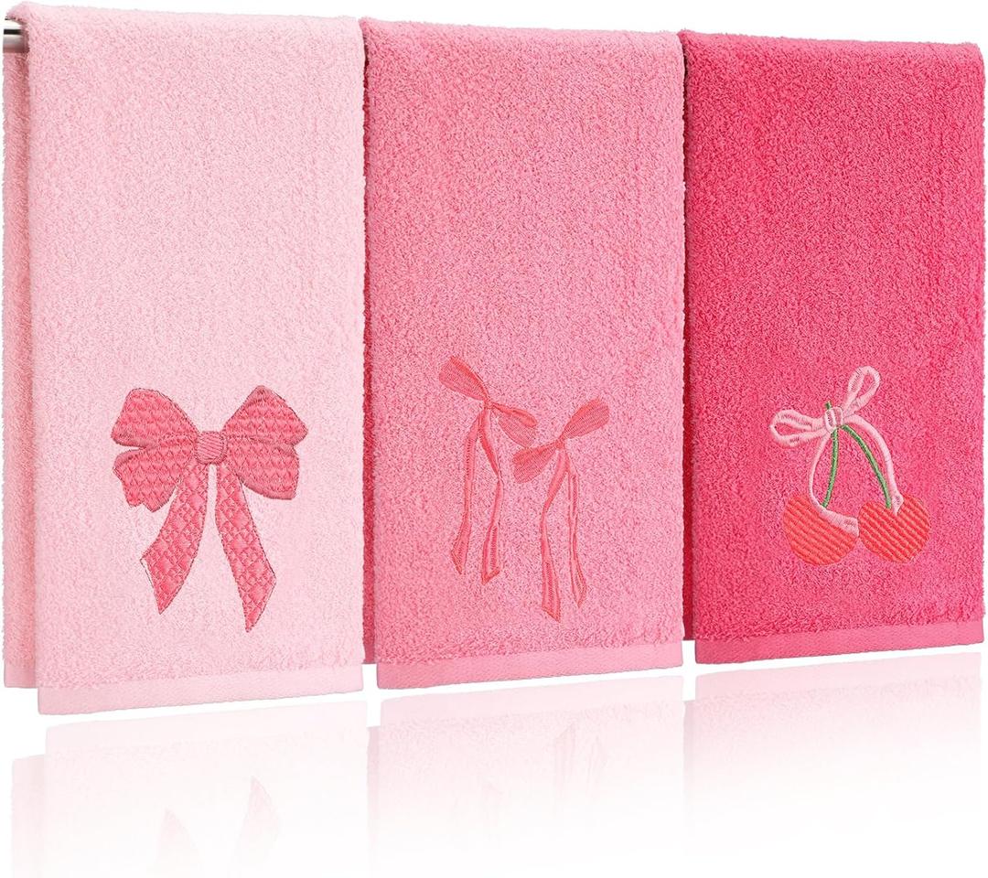 3 Pcs Pink Hand Towels for Bathroom Coquette Bow Embroidered Decorative Towel 100% Cotton Soft Absorbent Kitchen Facecloth Preppy Bathroom Decor Bridal Shower Wedding Gift 13.7 x 29.5''