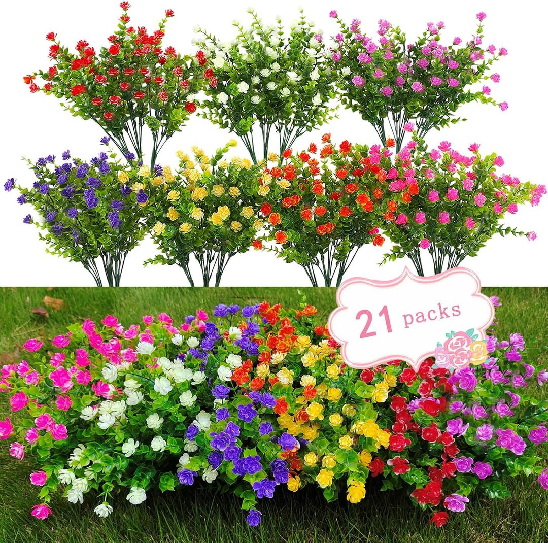 2 x WEAUSUP 21 Bundles Outdoor Faux Plants UV Resistant Faux Bushes Plastic Artificial Flowers Fake Outdoor Plants for Home Garden Decor (7 Colors)