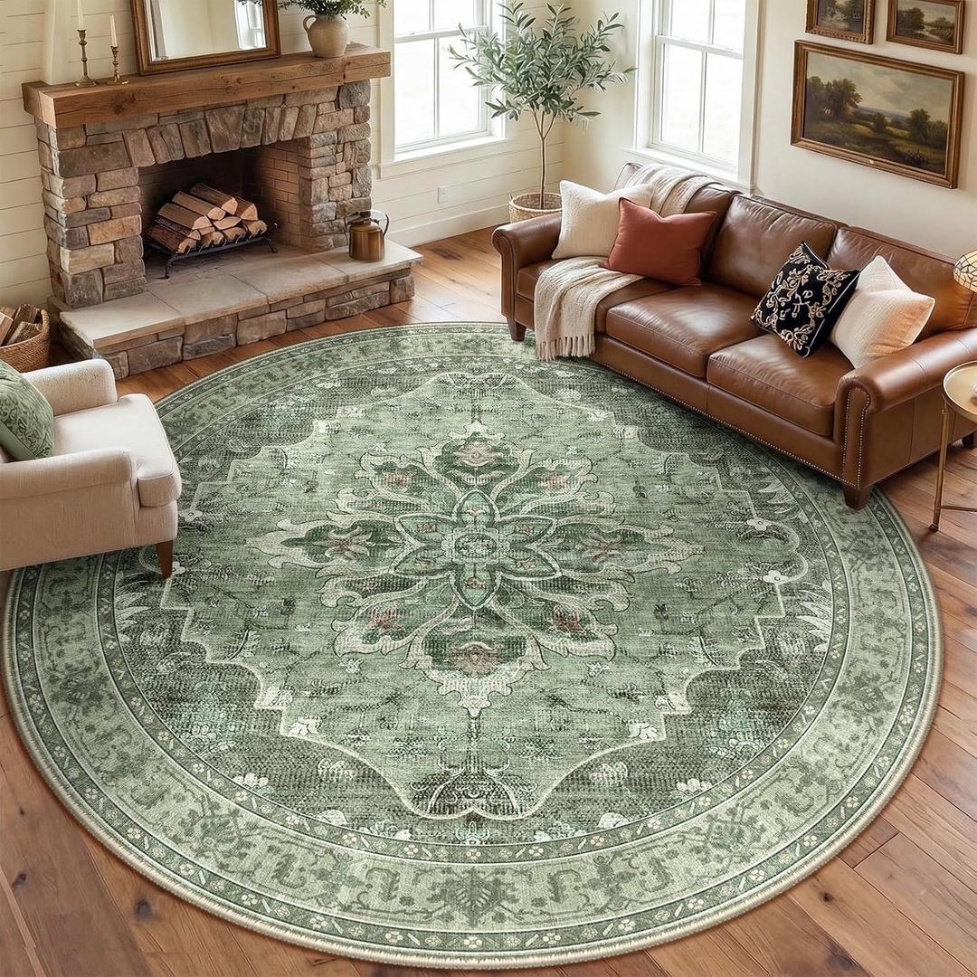 RELEANY Area Rugs 8ft Washable Non-Slip, Floral Vintage Distress Print Pattern Medallion Carpet for Living Room Bedroom Dining Room, Dark Green Gray