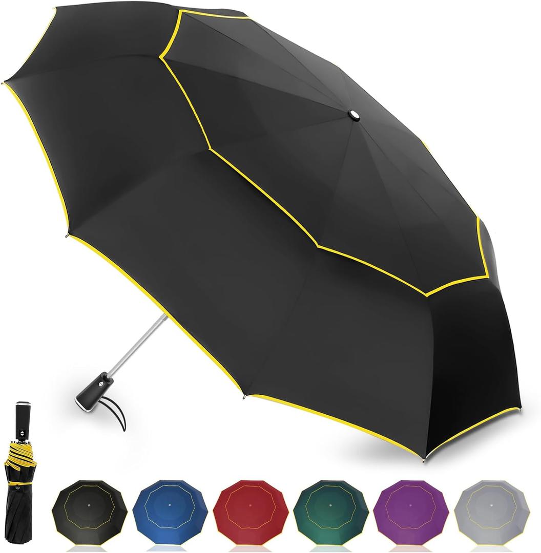 Satol Extra Large Golf Umbrella, 46/54/62 Inch Windproof 10 Ribs Vented Double Canopy Reflective Strips Automatic Open/Close Waterproof UV Protection Portable Compact Umbrella for Outdoor & Travel (Black Oval Handle)