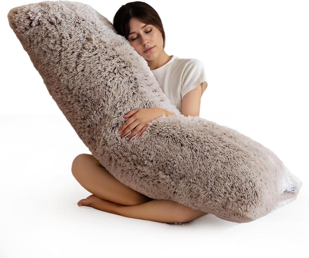 HIGOGOGO Body Pillow for Adults Extra Long Full Body Pillow with Removable Cover and Memory Foam Filling, for Side Sleepers and Pregnancy, Soft Support Pillow, Machine Washable (20x54 Inch) (Faux Fur-coffee)