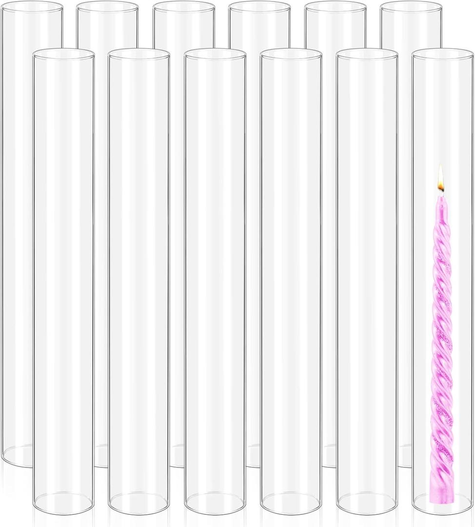 12 Pcs Hurricane Candle Holder Sleeve, H:16" D:2" Bottomless Glass Cylinder Candleholder Tall Clear Glass Cylinder Open Both Ends, Chimney Tube Cover, Open Ended Candle Shade