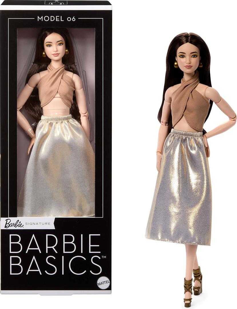 Barbie Basics Model Collector Fashion Doll 06 with Brunette Hair, Shimmery Golden Skirt & Halter, Universal-fit Fashions, Posable Body