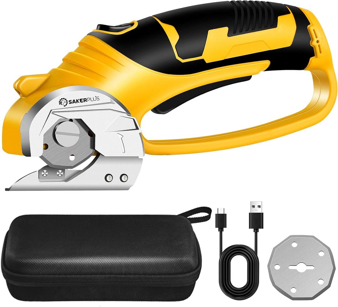 SakerPlus Cordless Electric Scissors, 4V Cardboard Cutter, Box Cutter - 2 Blades, 1 Storage Bag, Safety Lock & LED Light, Rechargeable Power Rotary Cutter for Box Carpet Fabric Plastic Leather (Rotary Cutter With Carrying Case (Standard))