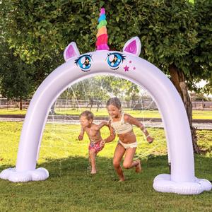 Sloosh Inflatable Ride a Unicorn Costume Sprinkler Arch - Water Toys Sprinkler for Kids Outdoor Play, Summer Water Party Supplies Backyard Outside Games Activities 82"65