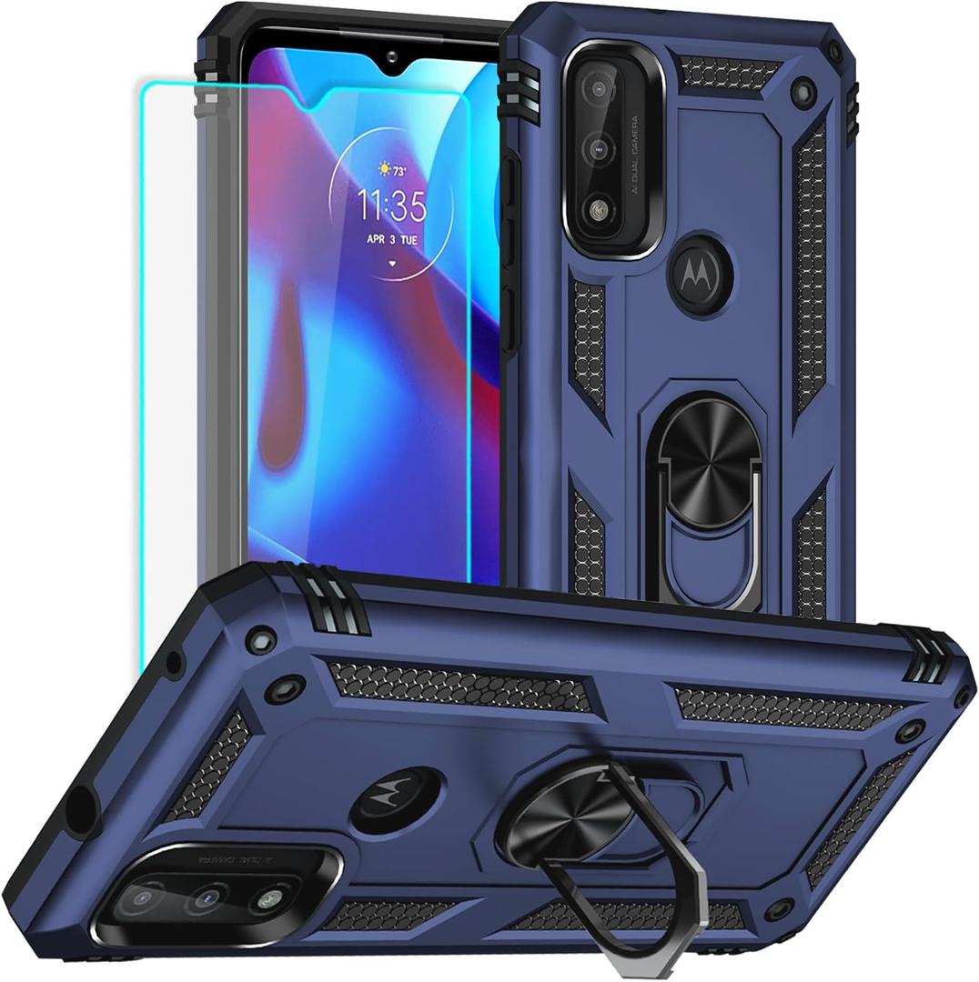 for Moto G Pure Phone Case, Moto G Power 2022 Case with HD Screen Protector, Military Grade Protective Cases with Ring for Moto G Pure (Blue)